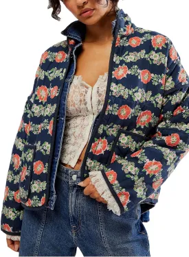 Womens Cropped Floral Puffer Jacket Lightweight Open Front Long Sleeve Padded Quilted Coat with Pockets