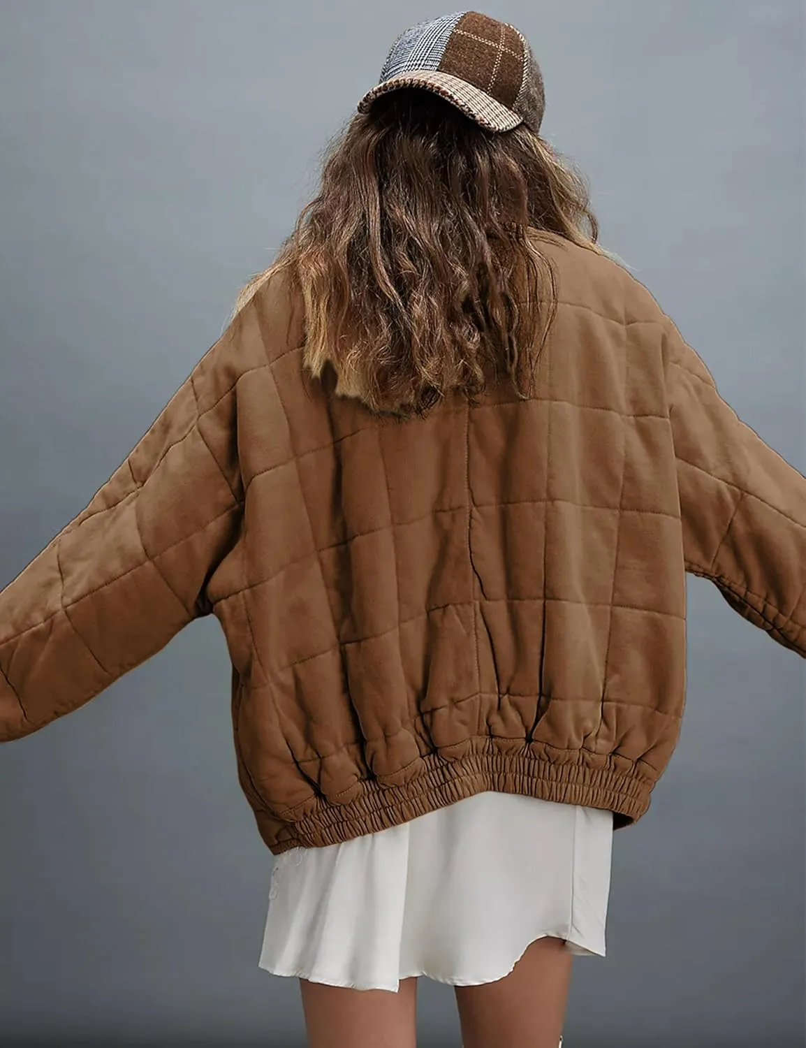 Womens Dolman Quilted Lightweight Jackets Full-zip Stand Collar Loose Warm Winter Outwears with Pockets