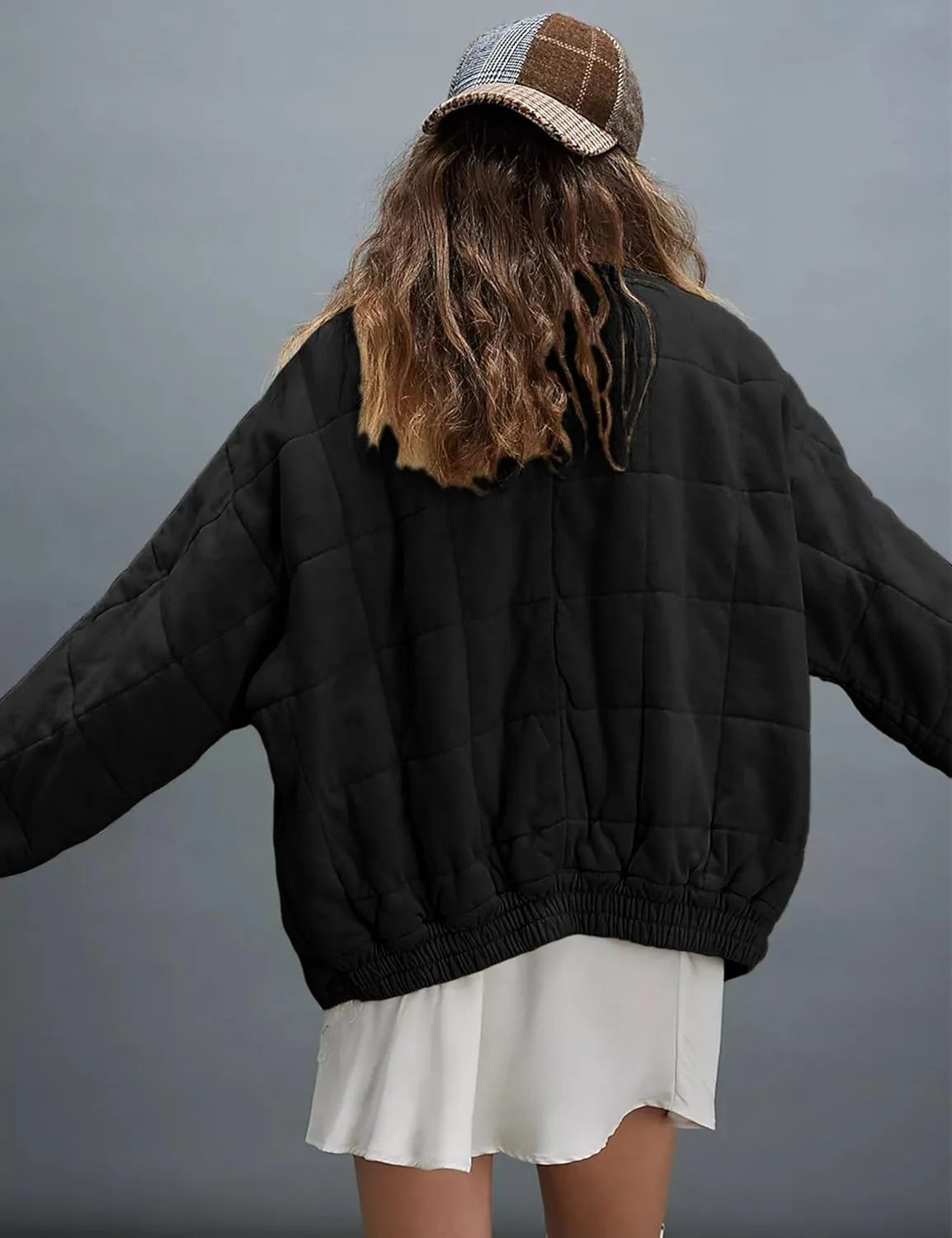 Womens Dolman Quilted Lightweight Jackets Full-zip Stand Collar Loose Warm Winter Outwears with Pockets