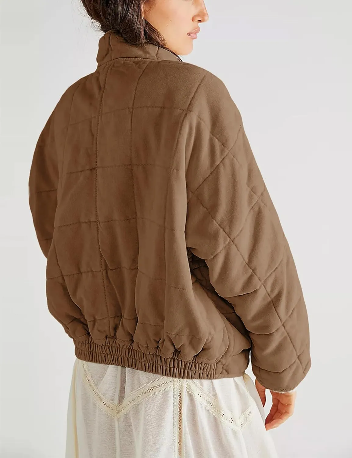 Womens Dolman Quilted Lightweight Jackets Full-zip Stand Collar Loose Warm Winter Outwears with Pockets