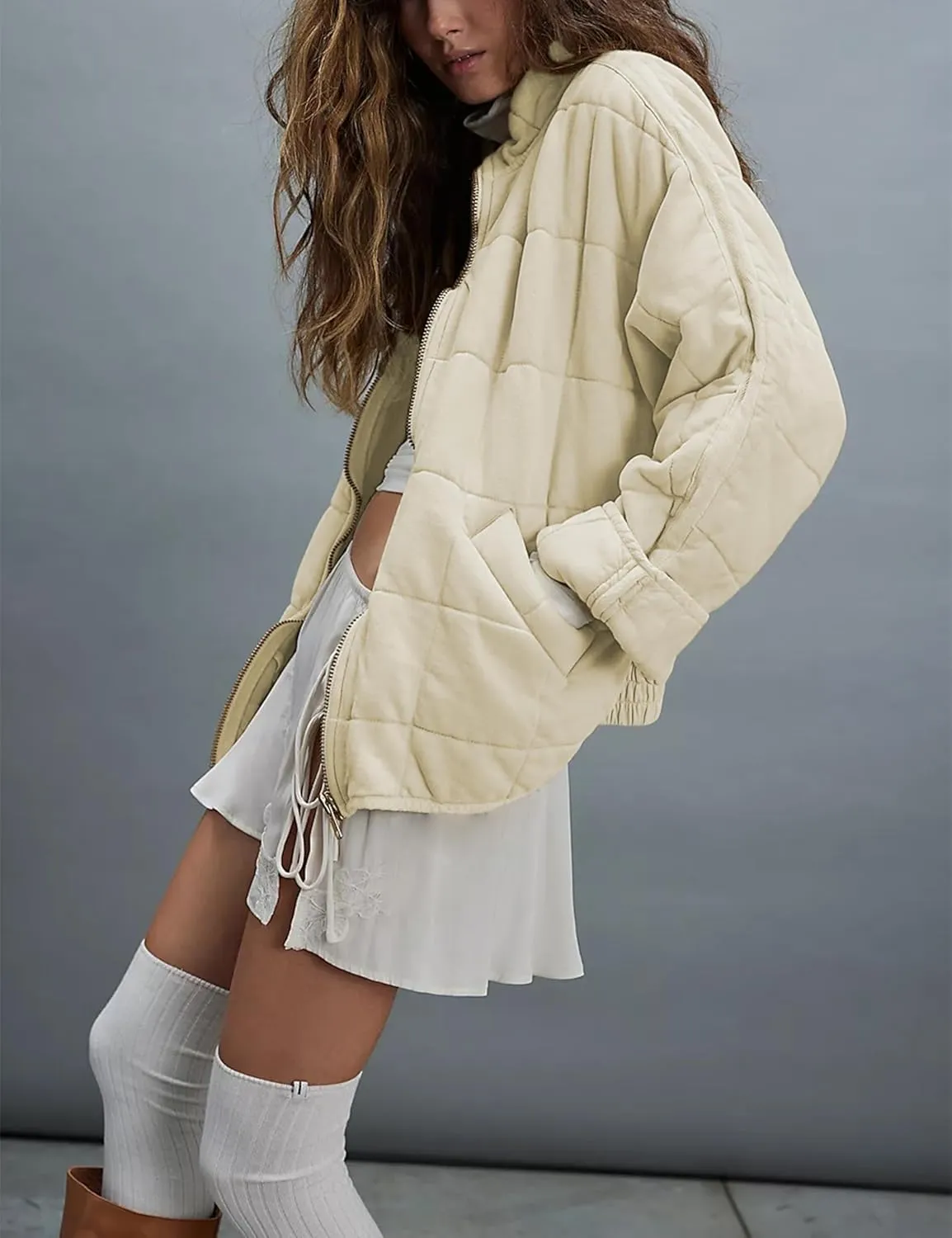 Womens Dolman Quilted Lightweight Jackets Full-zip Stand Collar Loose Warm Winter Outwears with Pockets