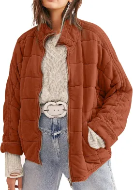 Womens Dolman Quilted Lightweight Jackets Full-zip Stand Collar Loose Warm Winter Outwears with Pockets