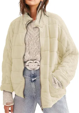 Womens Dolman Quilted Lightweight Jackets Full-zip Stand Collar Loose Warm Winter Outwears with Pockets