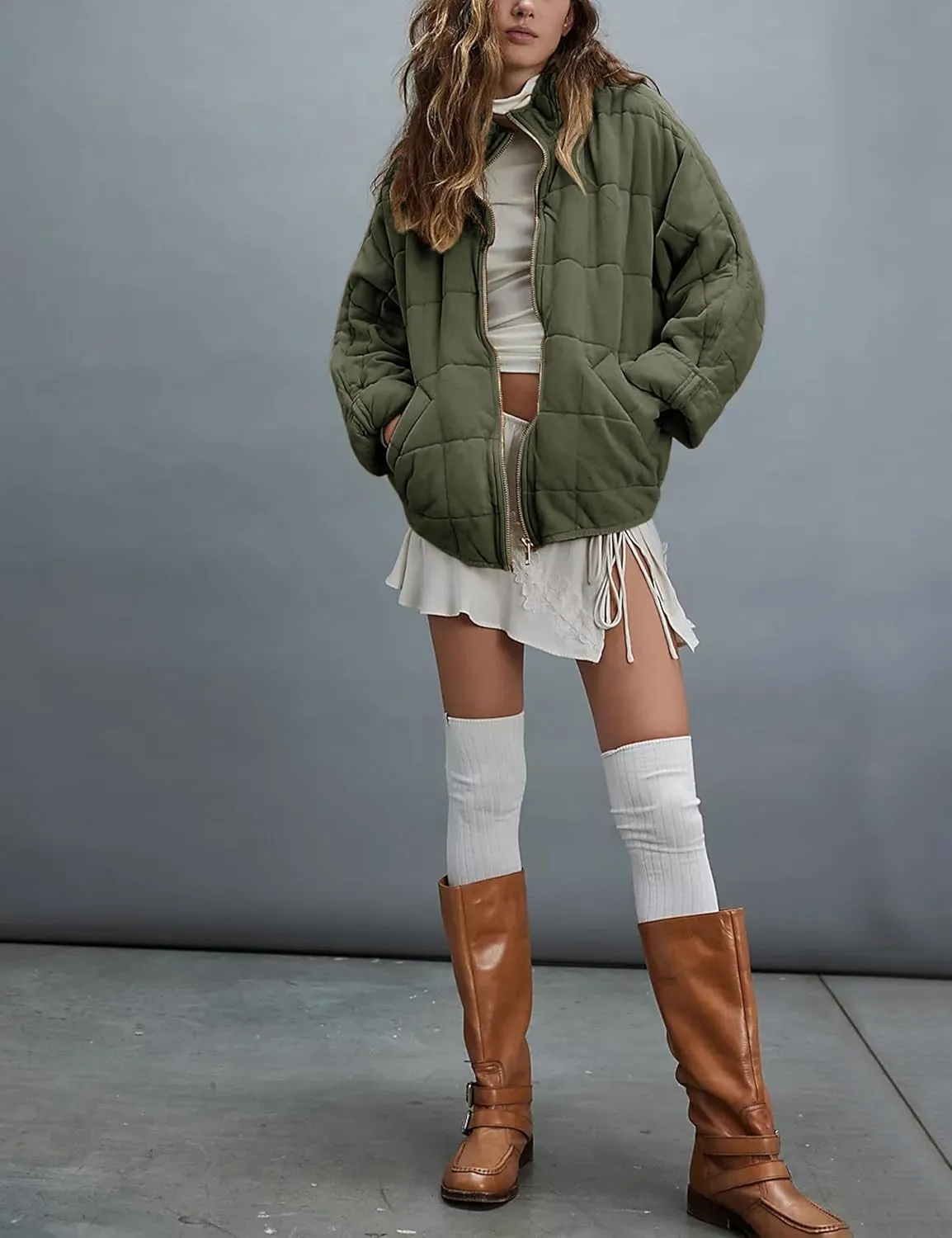 Womens Dolman Quilted Lightweight Jackets Full-zip Stand Collar Loose Warm Winter Outwears with Pockets