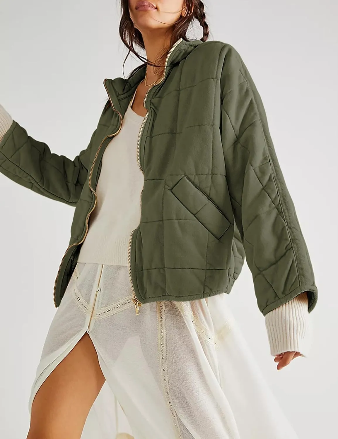Womens Dolman Quilted Lightweight Jackets Full-zip Stand Collar Loose Warm Winter Outwears with Pockets