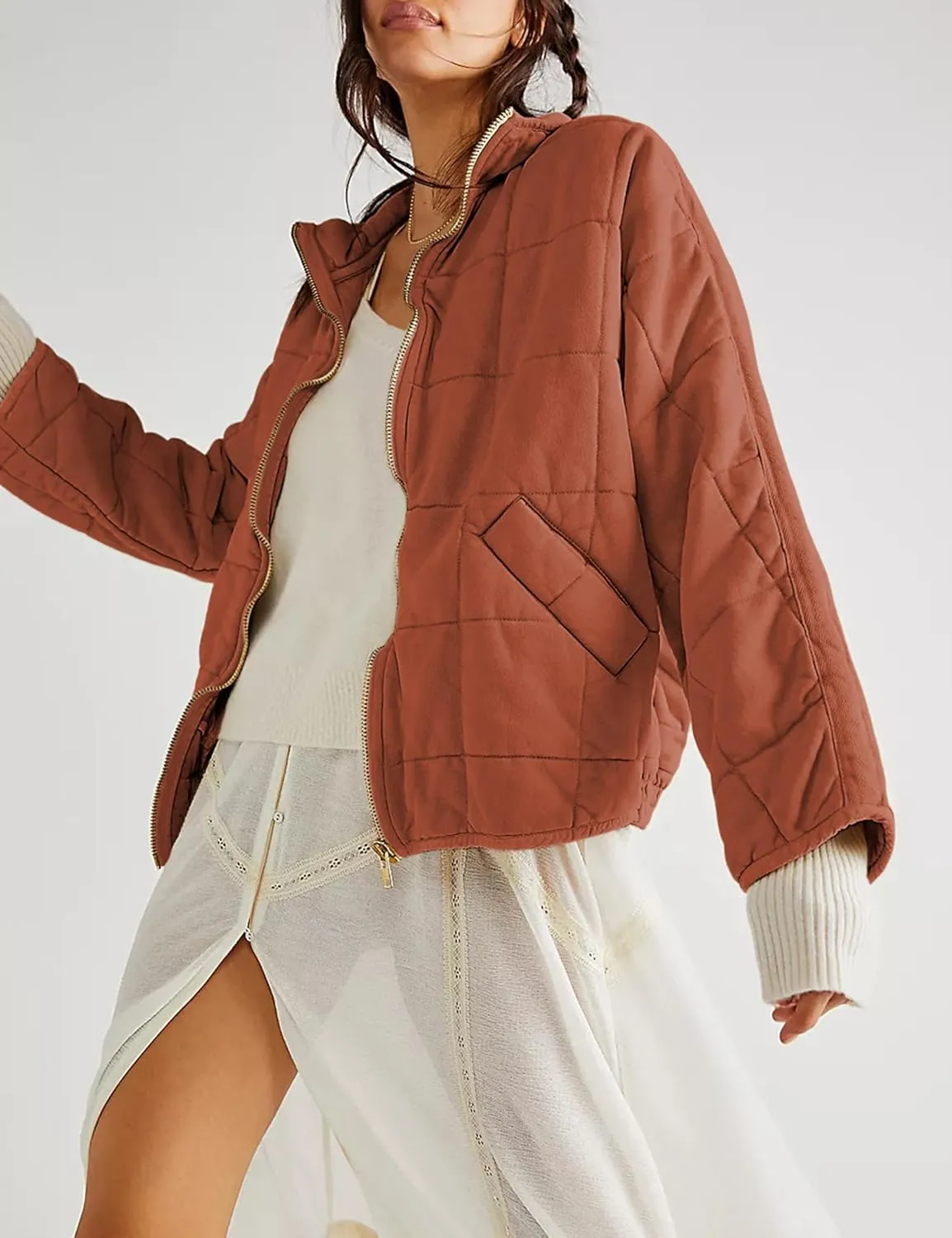 Womens Dolman Quilted Lightweight Jackets Full-zip Stand Collar Loose Warm Winter Outwears with Pockets