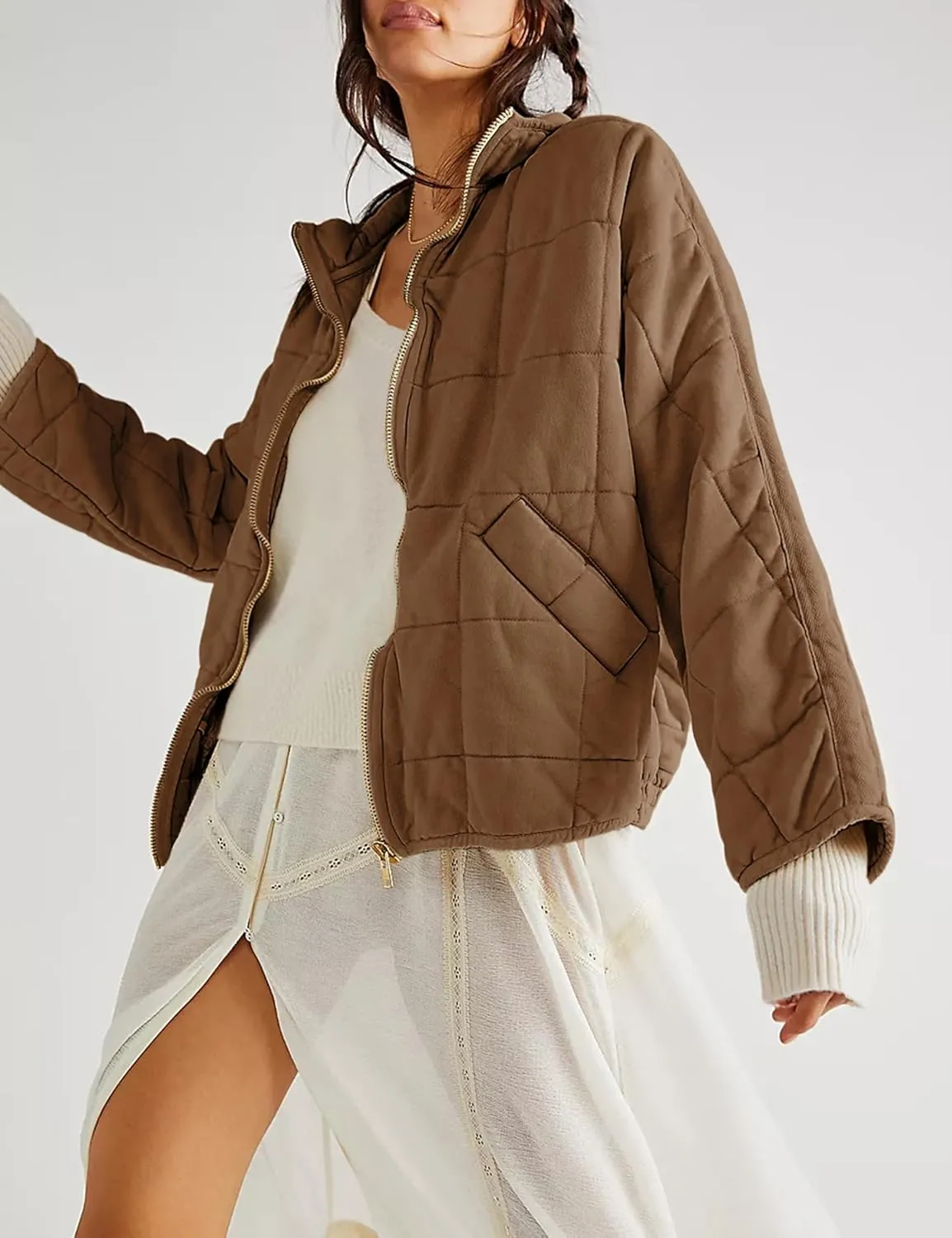 Womens Dolman Quilted Lightweight Jackets Full-zip Stand Collar Loose Warm Winter Outwears with Pockets