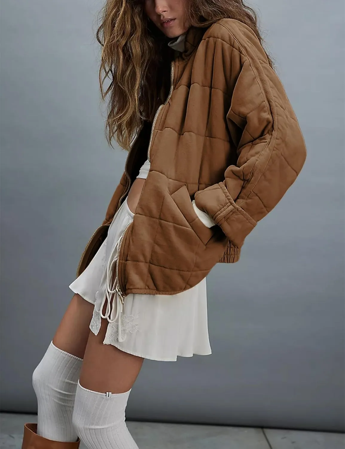 Womens Dolman Quilted Lightweight Jackets Full-zip Stand Collar Loose Warm Winter Outwears with Pockets