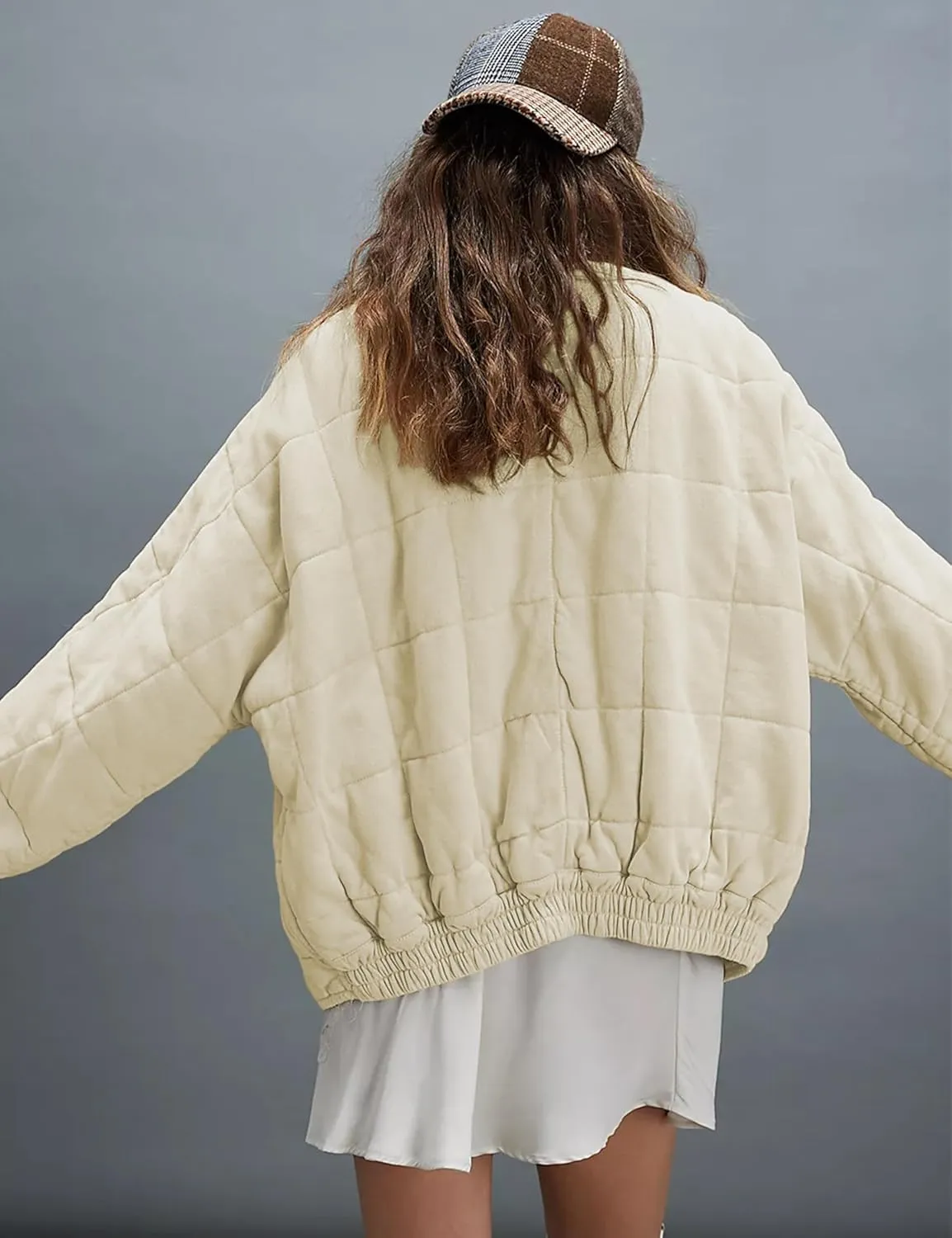 Womens Dolman Quilted Lightweight Jackets Full-zip Stand Collar Loose Warm Winter Outwears with Pockets