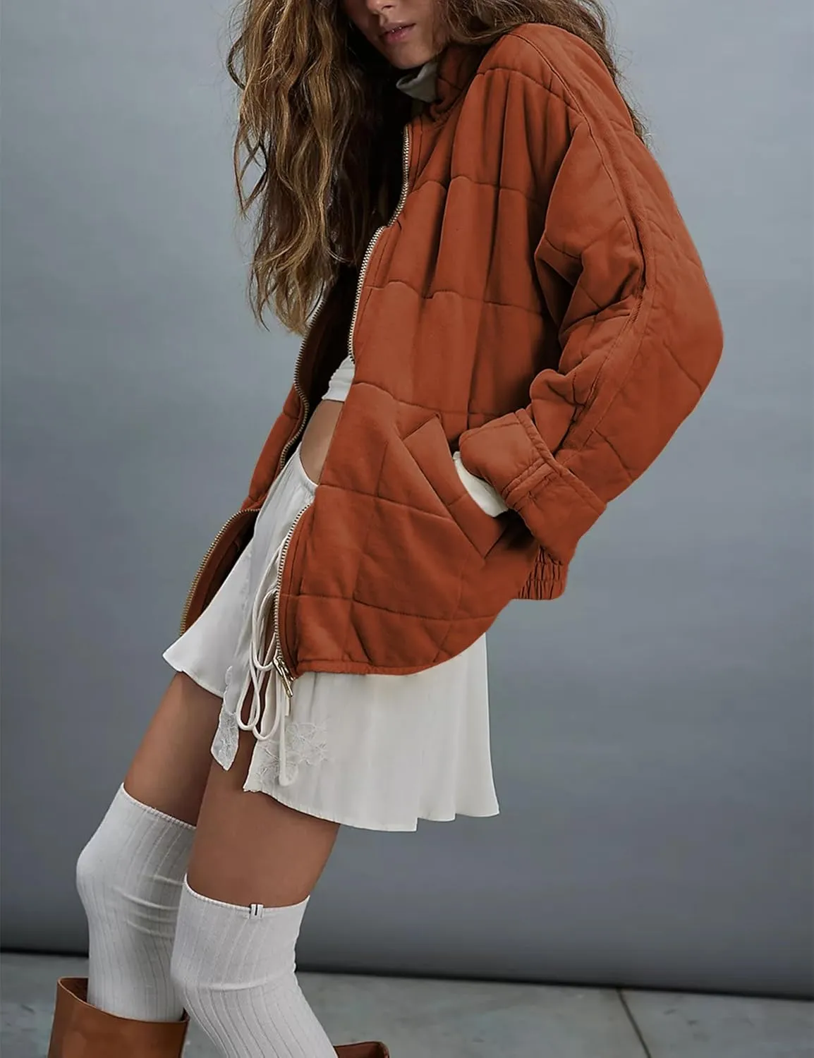 Womens Dolman Quilted Lightweight Jackets Full-zip Stand Collar Loose Warm Winter Outwears with Pockets
