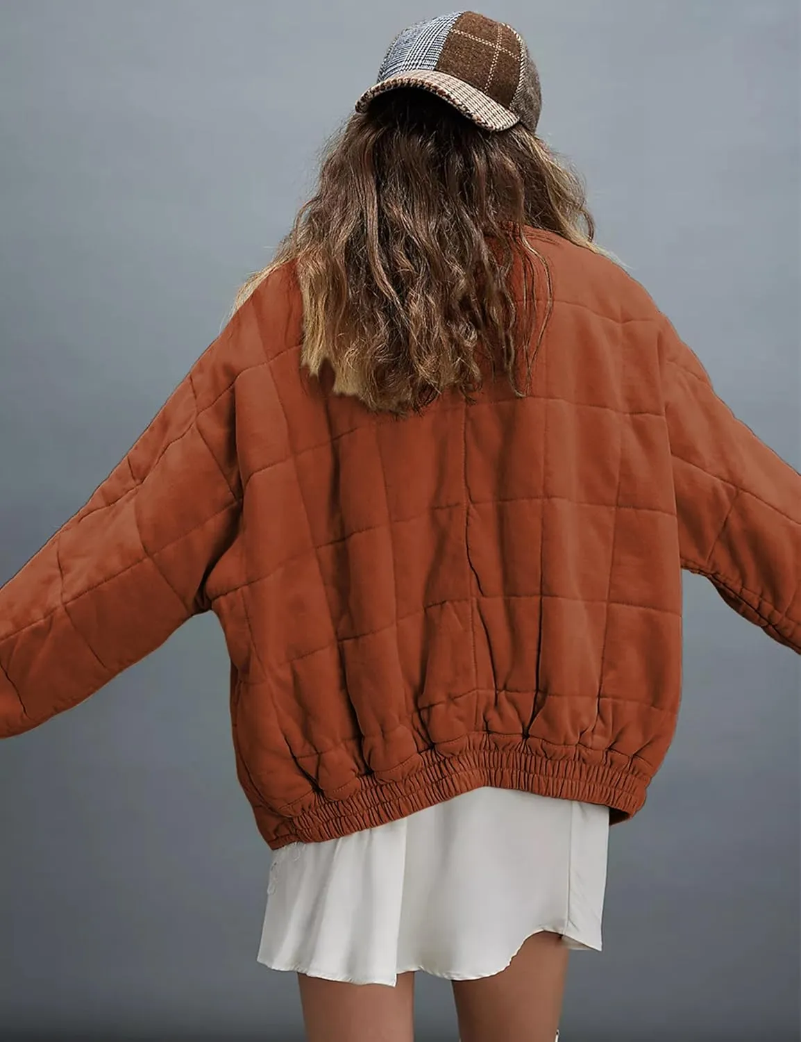 Womens Dolman Quilted Lightweight Jackets Full-zip Stand Collar Loose Warm Winter Outwears with Pockets
