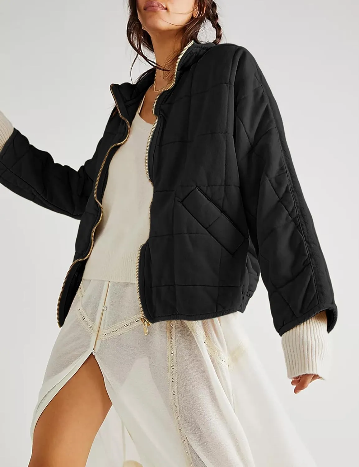 Womens Dolman Quilted Lightweight Jackets Full-zip Stand Collar Loose Warm Winter Outwears with Pockets