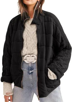 Womens Dolman Quilted Lightweight Jackets Full-zip Stand Collar Loose Warm Winter Outwears with Pockets