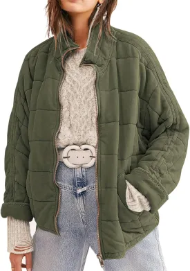 Womens Dolman Quilted Lightweight Jackets Full-zip Stand Collar Loose Warm Winter Outwears with Pockets