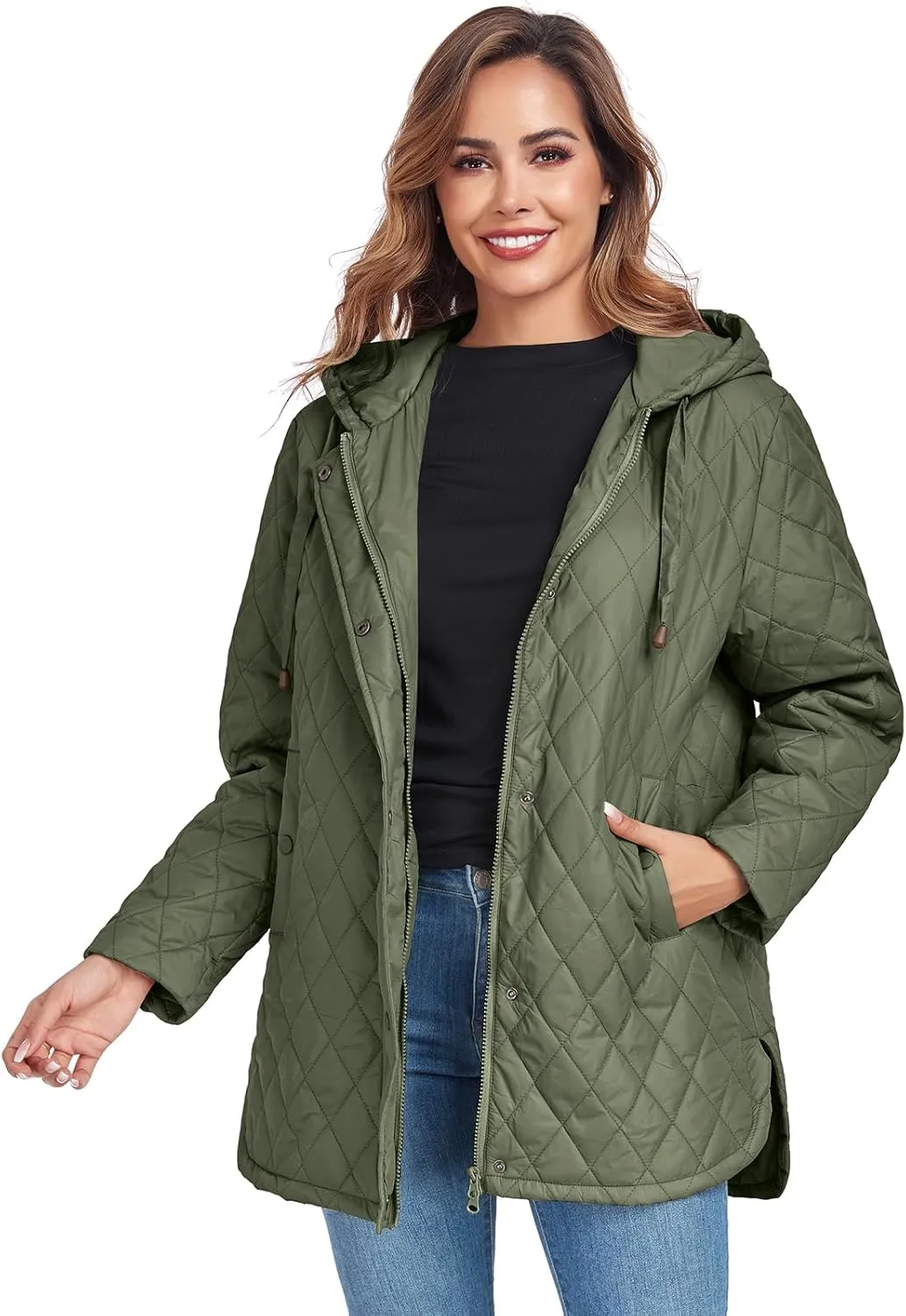Womens Oversized Quilted Jackets Lightweight Long Sleeve Full Zipper Puffer Jacket Casual Hooded Winter Coats