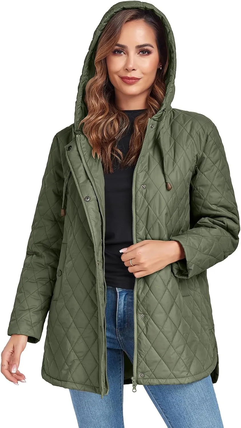 Womens Oversized Quilted Jackets Lightweight Long Sleeve Full Zipper Puffer Jacket Casual Hooded Winter Coats