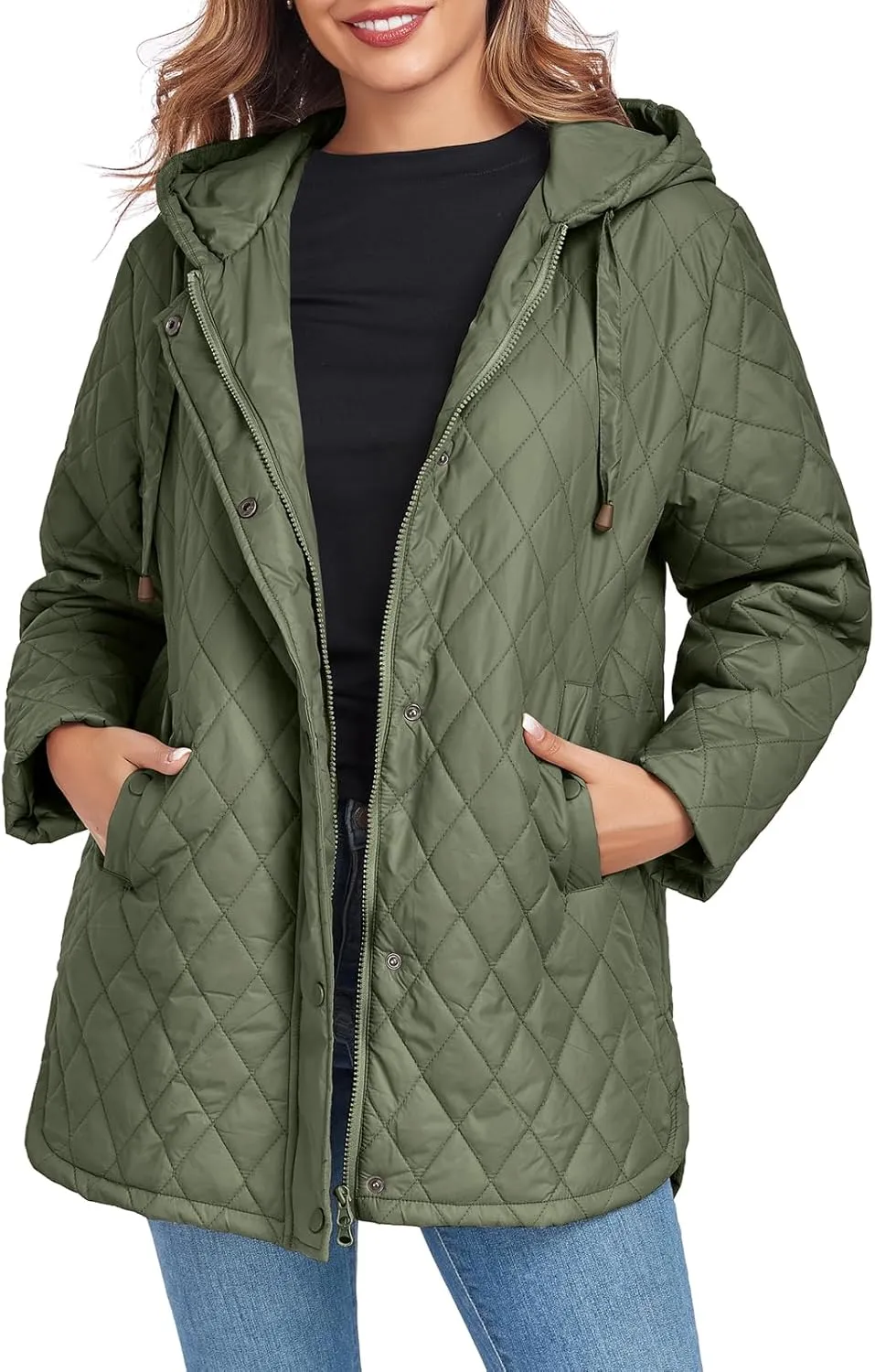 Womens Oversized Quilted Jackets Lightweight Long Sleeve Full Zipper Puffer Jacket Casual Hooded Winter Coats
