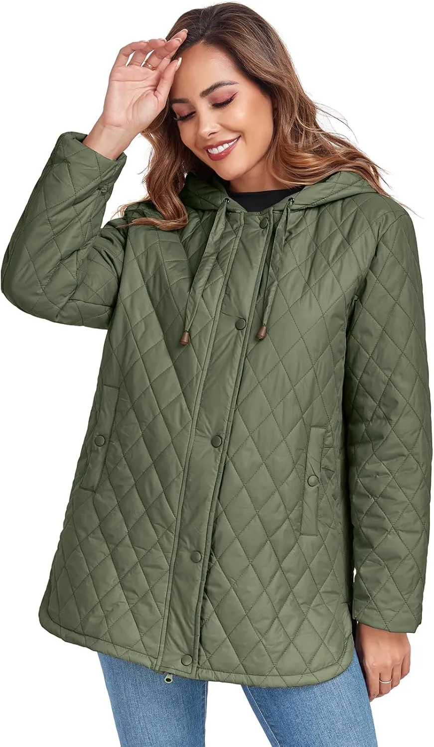Womens Oversized Quilted Jackets Lightweight Long Sleeve Full Zipper Puffer Jacket Casual Hooded Winter Coats