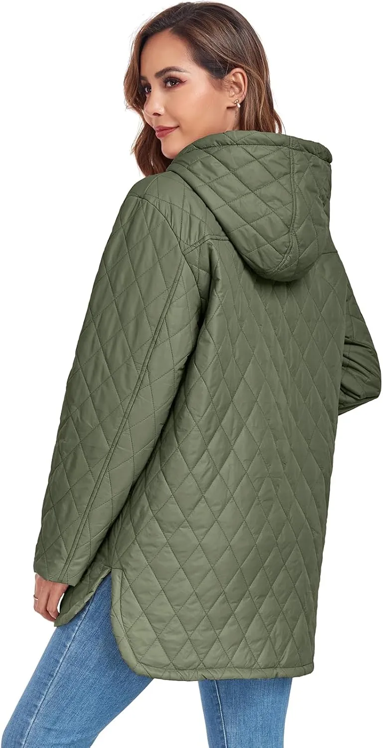 Womens Oversized Quilted Jackets Lightweight Long Sleeve Full Zipper Puffer Jacket Casual Hooded Winter Coats